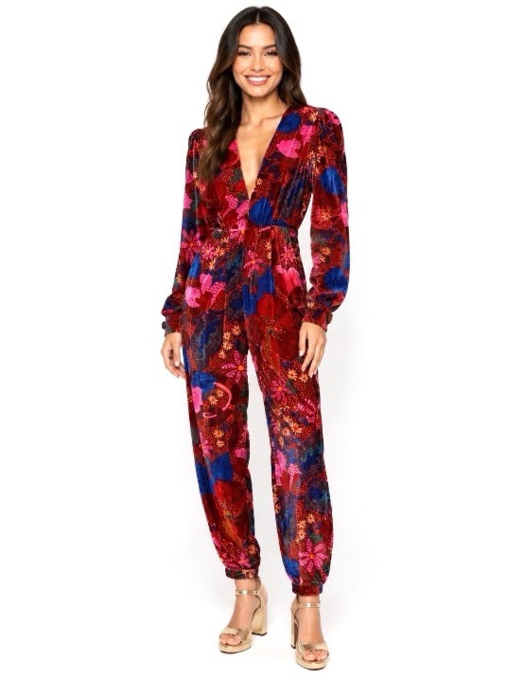FARM Rio, Floral Velvet Jumpsuit Long Sleeve Deep V, Size L EUC - Picture 1 of 16